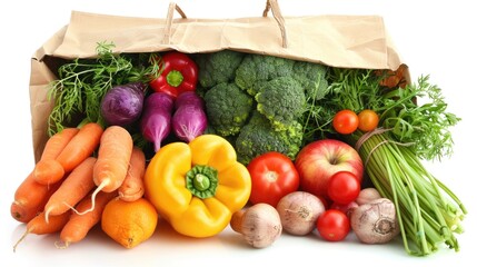 In a paper bag you can find fresh vegetables and fruits in white background