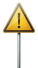 A yellow triangular warning sign with a black exclamation point in the center, mounted on a silver pole.