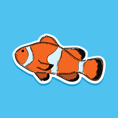 A line drawn illustration of a clownfish, shaded with lines. Illustration of a sea with a nemo fish. Isolated Cute Nemo Fish Cartoon Vector Illustration Design isolated in a blue background