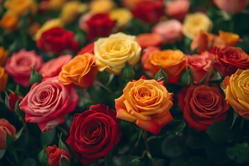 A bouquet of vibrantly colored roses in all shades of the rainbow, leaving a designated copyspace for your text.