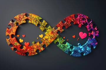 an infinity symbol made of puzzle pieces with rainbow colors with hearts on a solid background. Vector image. - Powered by Adobe