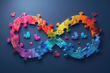 an infinity symbol made of puzzle pieces with rainbow colors with hearts on a solid background. Vector image.