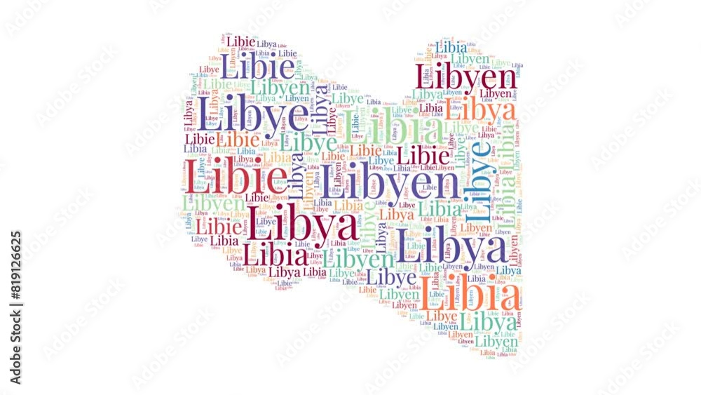 Poster libya shape word cloud animation. country boundary filled with country names animated. libya present