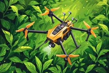 High-tech farming with smart agriculture and drone technology uses cameras for crop management, soil health monitoring, and remote sensing in advanced botanical farming techniques.