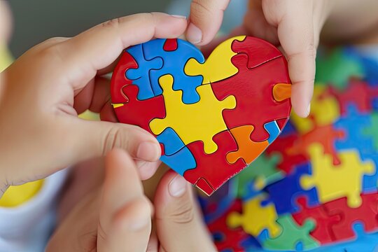 Giornata mondiale della consapevolezza dell'autismo, concetto di assistenza sanitaria mentale con puzzle o puzzle sul cuore con le mani del bambino