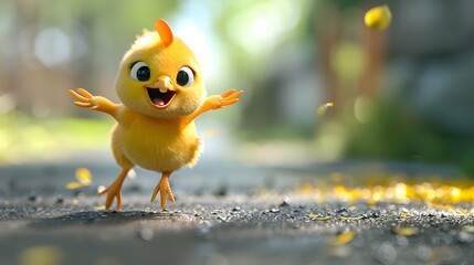 Energetic Cartoon Chicken Happily Running in Vibrant Natural Outdoor Setting