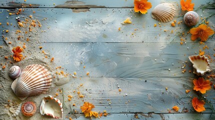 High-resolution photo , summer and sea themed flat lay with shell , sand on a rustic wooden background ,