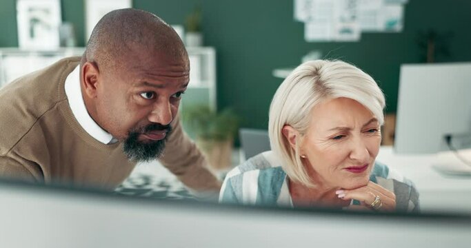 Computer, manager or mature business people with news, company training or email update in office. Feedback, problem solving and financial advisors working on investment for profit growth or teamwork
