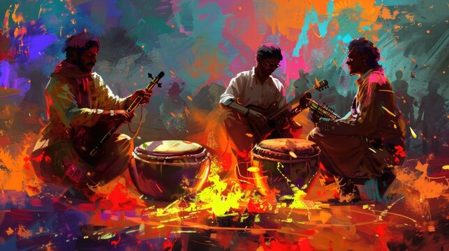  Indian people playing musical instruments on fire with colorful background, Digital painting