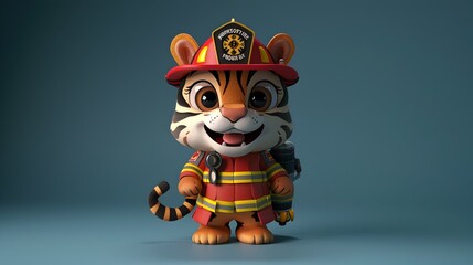 Cheerful Cartoon Tiger Firefighter in 3D with High Clean Design and Natural Lighting