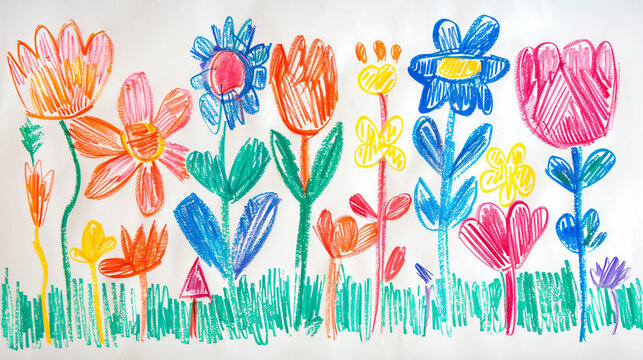 childs pencil drawing of flowers, scribble marks and pencil marks visible on white paper	