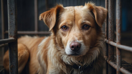 Stray homeless dog in animal shelter cage. Sad abandoned hungry dog behind old rusty grid of the cage in shelter for homeless animals. Dog adoption, rescue, help for pets