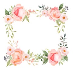 A garden wedding frame with roses and daisies, watercolor illustration, blank middle area. 