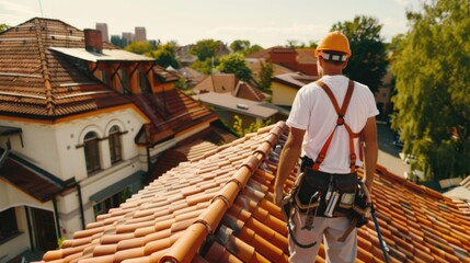 Installation of tile roofs by professional roofing construction worker. Roofer at work, repairing roof.