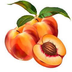 Three Vibrant Ripe Peaches, One Halved, On Transparent Background