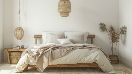 Interior Bedroom with woven wooden furniture decoration, cozy minimal and modern room style, beige bed with blanket and pillows