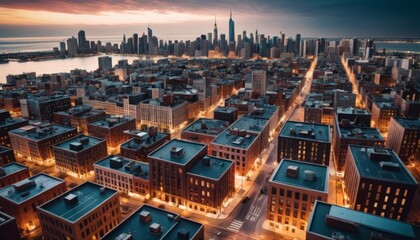 Obraz premium Aerial view of a sprawling city at sunset, with the glow of golden hour over dense buildings leading to a distant skyline.. AI Generation