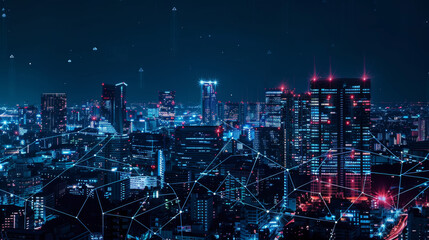 A futuristic smart city at night, featuring a digital network with glowing blue and red lights illustrating advanced connectivity and technology. Futuristic Smart City Network with Digital Connectivi
