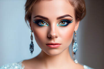 Fototapeta premium A portrait of a woman with striking makeup and bold, colorful eye shadow. The background is softly blurred, putting full focus on her expressive face and detailed makeup