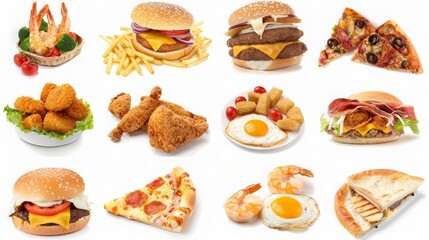 Closeup of fast foods. All Fast Food collection set, isolated on white background. generative ai