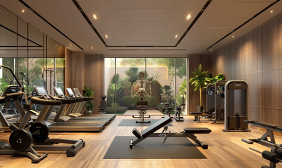 A fully equipped exercise room with a variety of training equipment, providing comprehensive training for each muscle group.