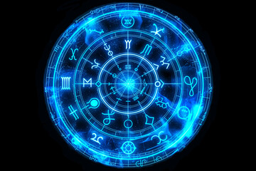 Blue magic runes in a circle. Spell effect with ancient fantasy writing. Glowing magical neon ring.	
