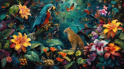 Colorful wild parrots appear among the tropical foliage.