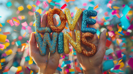 A close-up photo of hands holding colorful letters that spell out "LOVE WINS" against a backdrop of confetti raining down, symbolizing celebration and the power of love.
