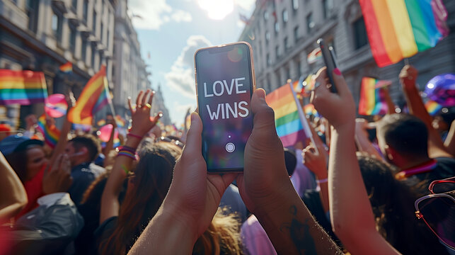 A photorealistic image of a smartphone screen displaying the text "LOVE WINS" above a crowd holding hands and waving rainbow flags during a Pride parade.
