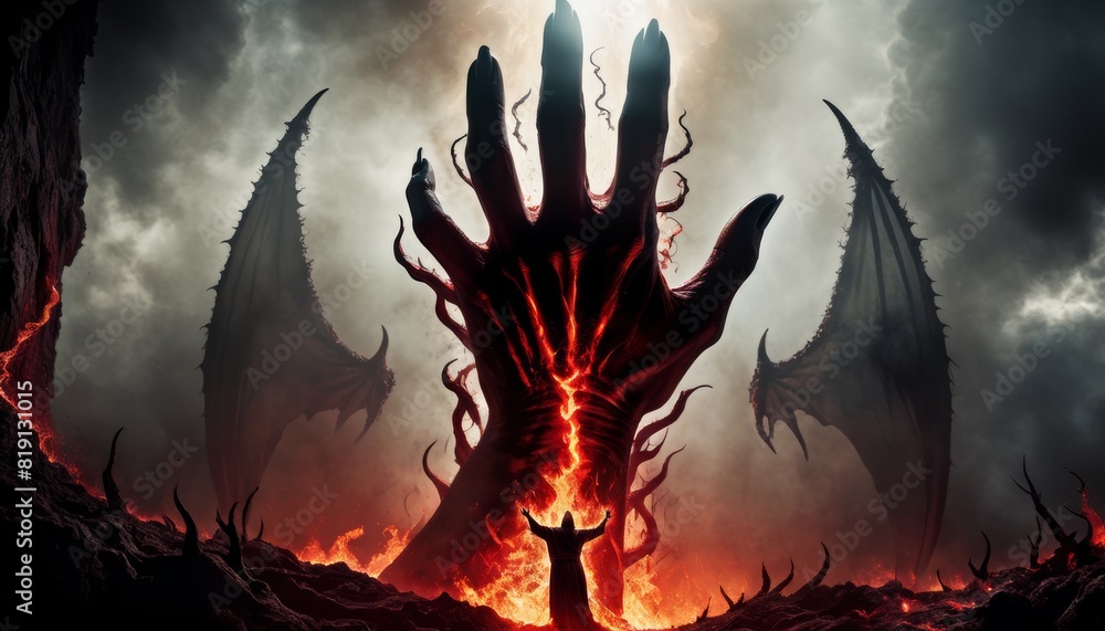 Poster a fierce dragon emerging from volcanic fire, creating a breathtaking apocalyptic scene in a dark, fo