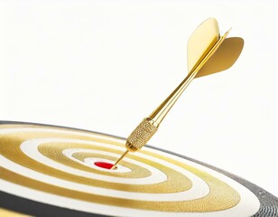 Golden arrow aim to dartboard target or goal of success isolated on white background with complete achievement concept. 3D rendering.