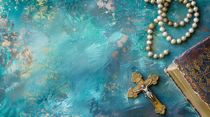 Rosary and Prayer Book on Artistic Background - Spirituality and Faith Concept - Powered by Adobe