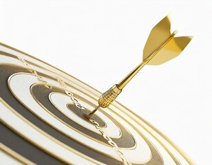 Golden arrow aim to dartboard target or goal of success isolated on white background with complete achievement concept. 3D rendering.