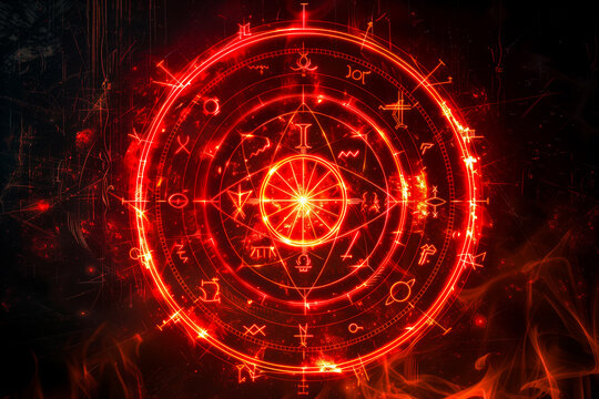 Red magic runes in a circle. Glowing spell effect with ancient fantasy writing on black background