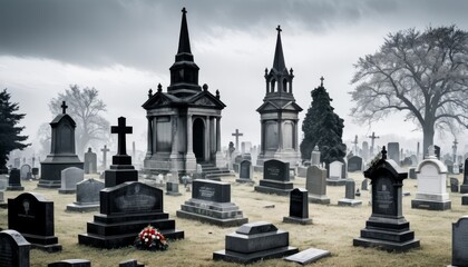 Obraz premium Overcast skies loom over a solemn cemetery dotted with elaborate gothic tombs and headstones, creating a peaceful yet somber scene.. AI Generation