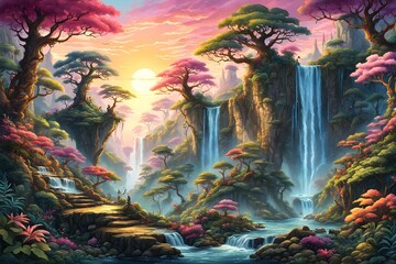 Fototapeta premium Fantasy landscape in cartoon style. Beautiful mountain and garden views. Suitable for wallpaper background