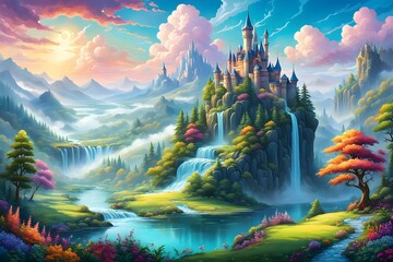 Fantasy landscape in cartoon style. Beautiful mountain and garden views. Suitable for wallpaper background