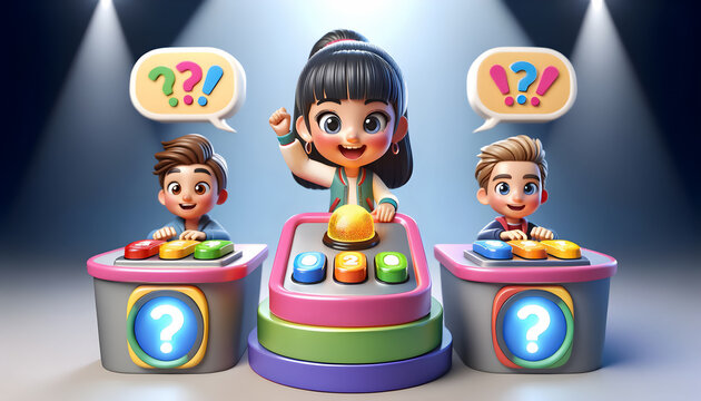 3D Illustration: Excited Kids Playing Quiz Game at Colorful Carnival Booth, 3D Caricature: Children Having Fun with Buzzers at Interactive Game Stand