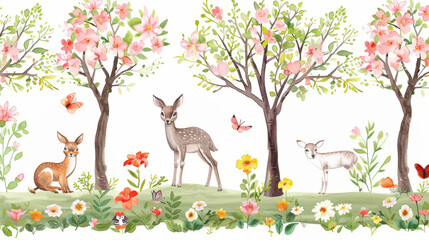 Charming Watercolor Illustration of Deer and Blossoming Trees - Perfect for Spring and Nature Themes