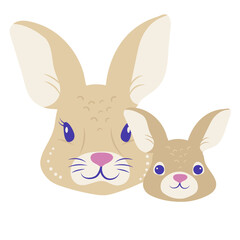 Heads of mom and baby rabbits,  vector cartoon illustration