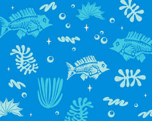 Marine life pattern turquoise background fish, coral illustration vector art print fabric textile apparel editable