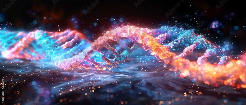 Poster a vivid and dynamic representation of a dna double helix structure, with a cosmic theme.