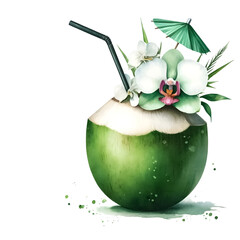 An illustration for summer, Coconut drink clipart with a straw and umbrella, rendered in watercolor style. 