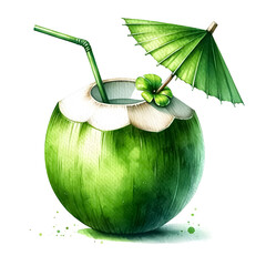 An illustration for summer, Coconut drink clipart with a straw and umbrella, rendered in watercolor style. 