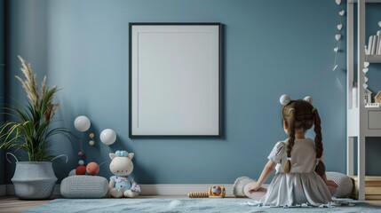 Poster frame in children's room with dolls and toys