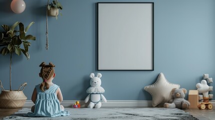 Poster frame in children's room with dolls and toys