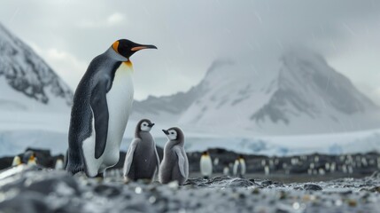 Fototapeta premium King penguin family with babies standing in an arctic winter landscape with snow