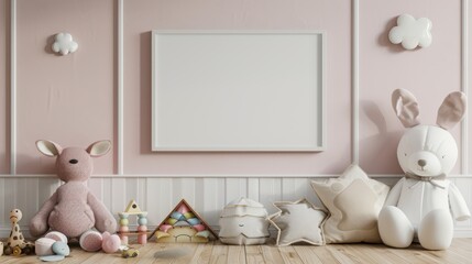 Poster frame in children's room with dolls and toys