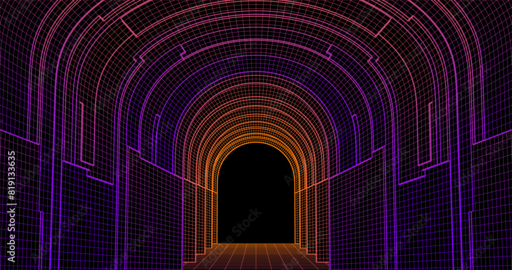 Poster wire low poly frame of a futuristic corridor or tunnel, consisting of lines and polygons in neon col