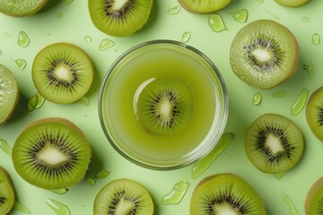  Kiwi Juice - Fruits Scattered around the Glass of Juice - Light Green Background
